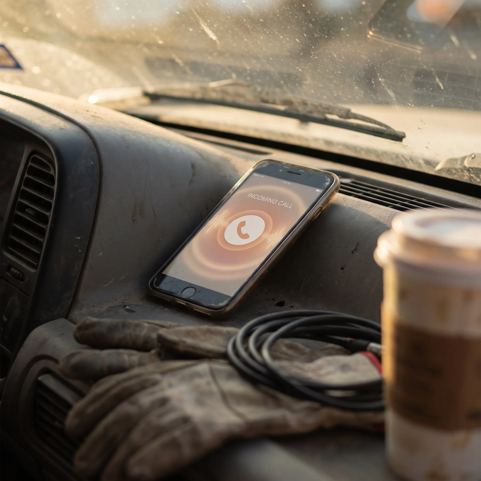 Phone lighting up with an incoming call on a work truck dashboard