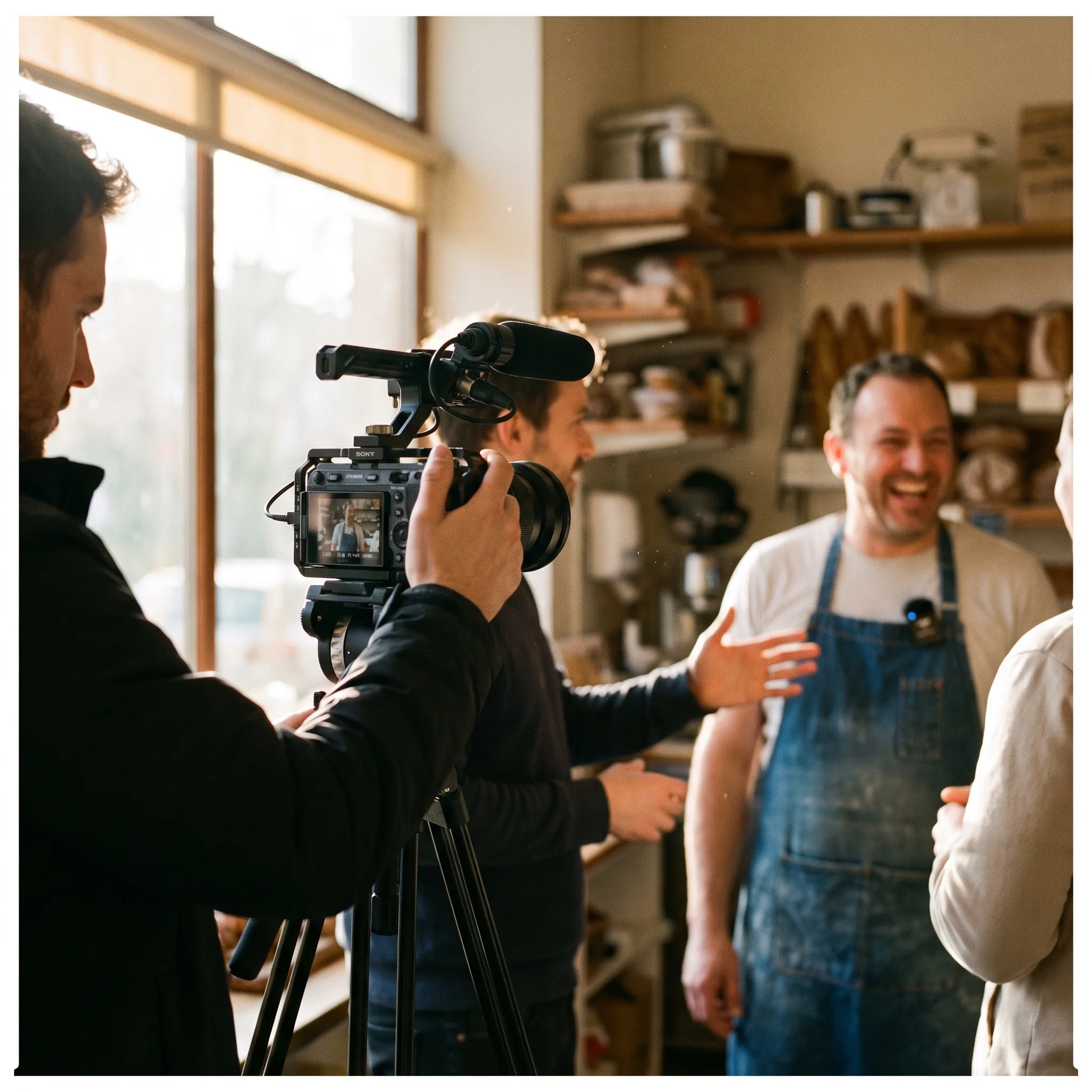 Video crew filming a brand story on location with the business owner
