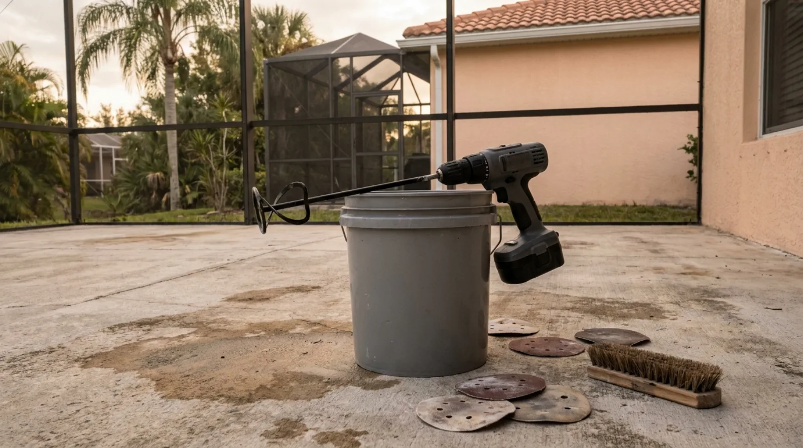 A neutral gray cordless drill with a paddle mixer attachment resting across an empty unmarked pail on a bare concrete patio slab inside a screened Florida lanai, with used sanding pads and a stiff scrub brush on the slab nearby