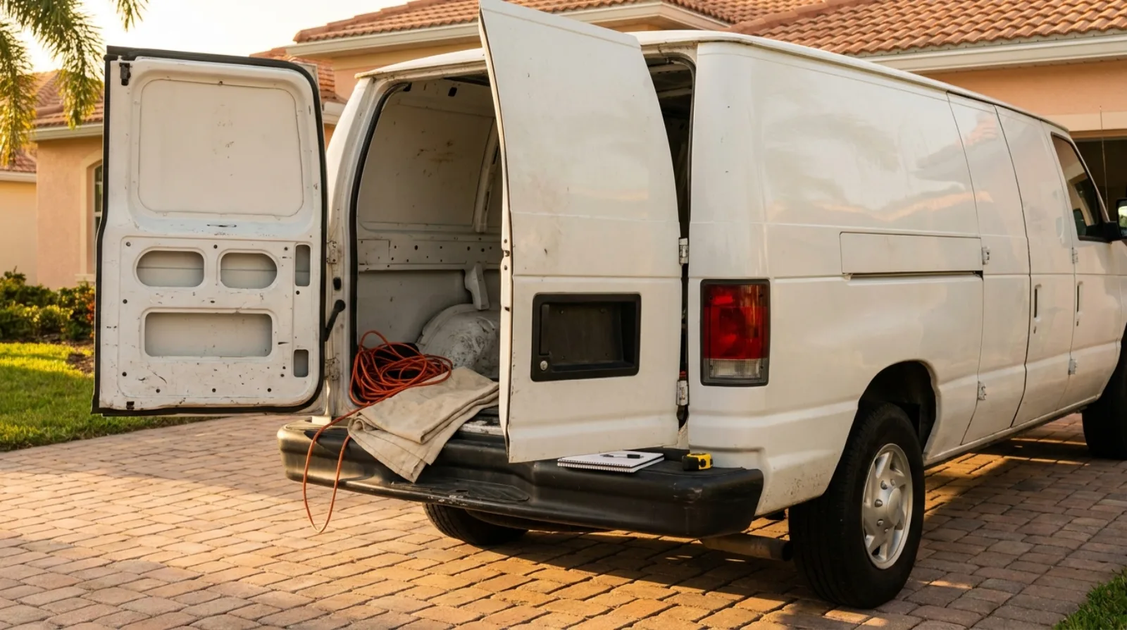 An unmarked white work van parked on a Florida paver driveway at golden hour with its rear doors open, a coiled orange extension cord and folded drop cloth on the bumper, and a closed spiral notepad and tape measure beside them
