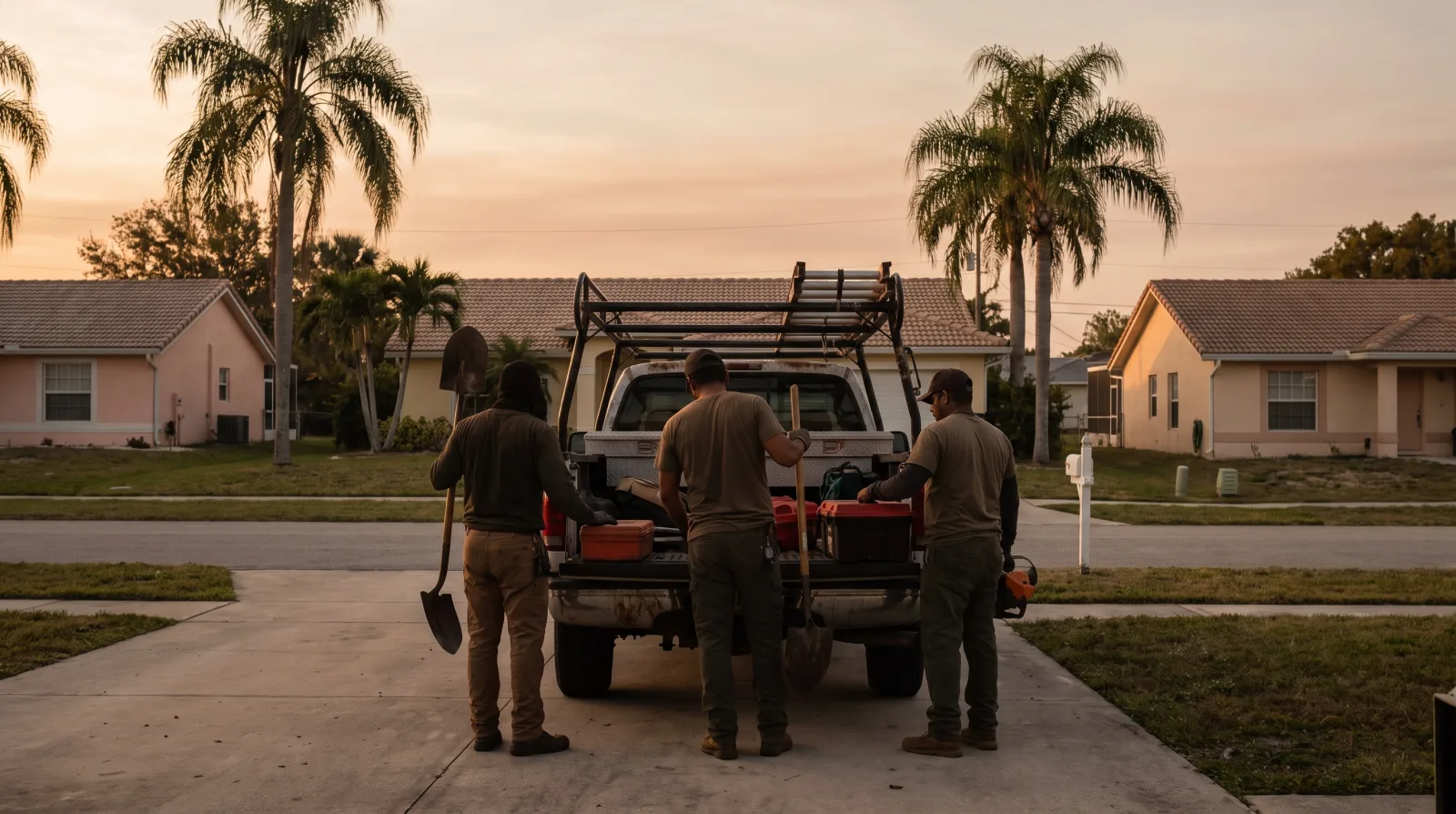 A three-person crew loading tools into a pickup truck on a Florida residential street at sunset