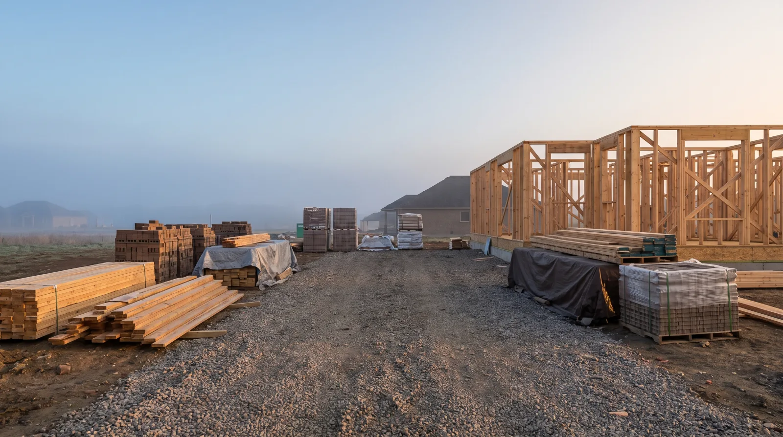 A tidy residential job site at dawn with building materials neatly stacked