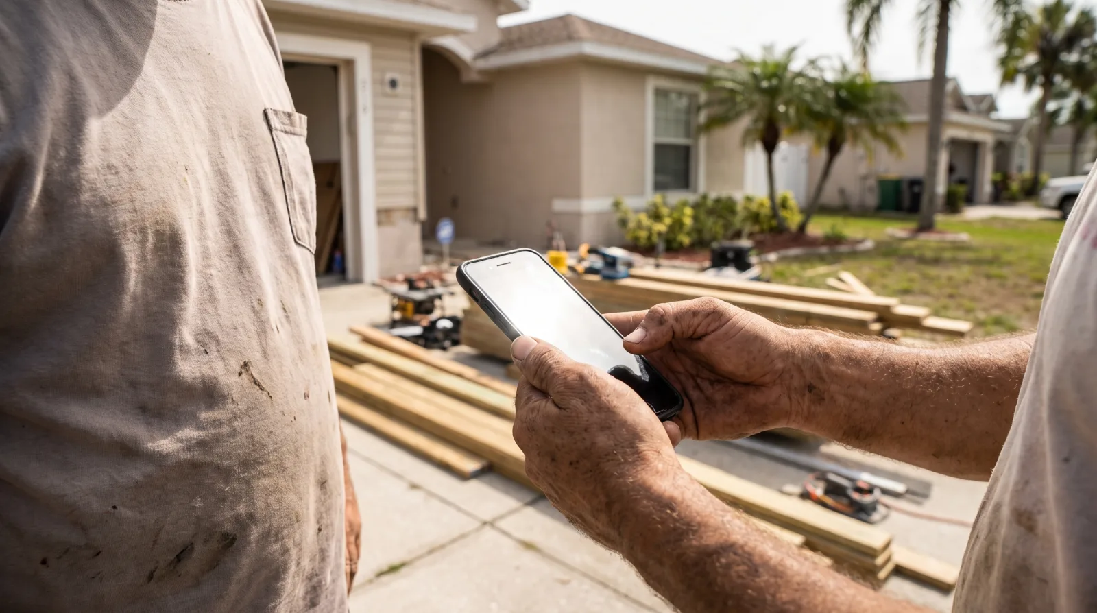 A contractor's dusty hands holding a phone in the driveway of a suburban Florida home