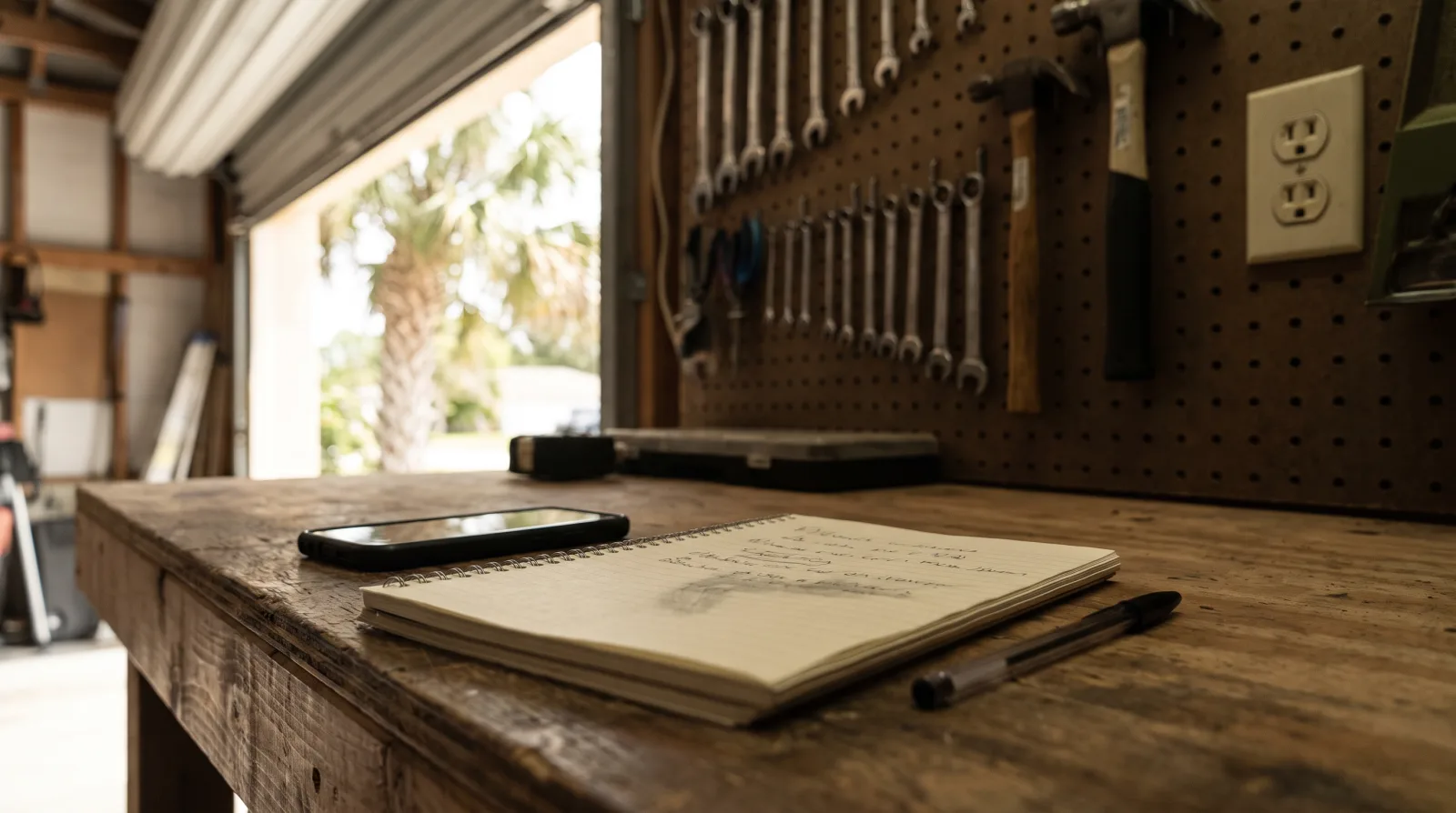 An open spiral notebook and pen on a garage workbench beside a phone, with a pegboard of wrenches and hammers behind and the roll-up door open to daylight and a palm outside