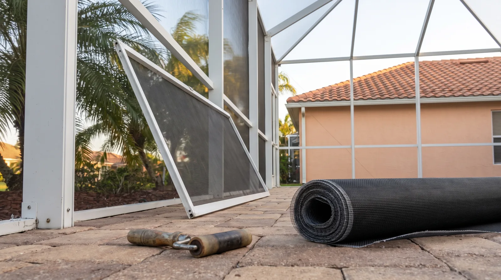 A pool cage screen repair partway through: a removed screen panel leaning against the white aluminum frame, a spline roller and a roll of screen mesh on the paver deck, barrel tile roof and palms behind