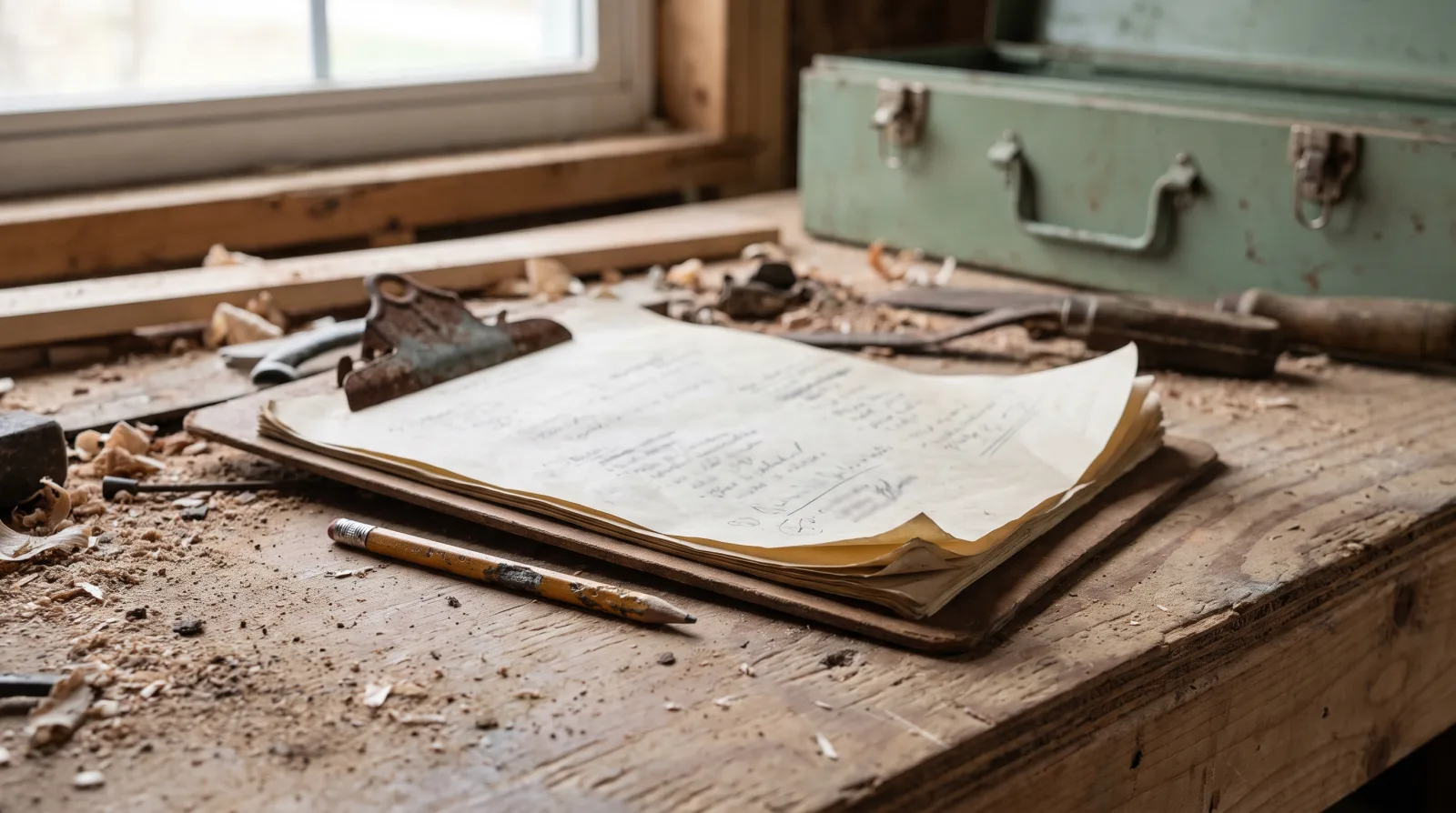 A weathered clipboard and pencil resting on a plywood surface at a job site