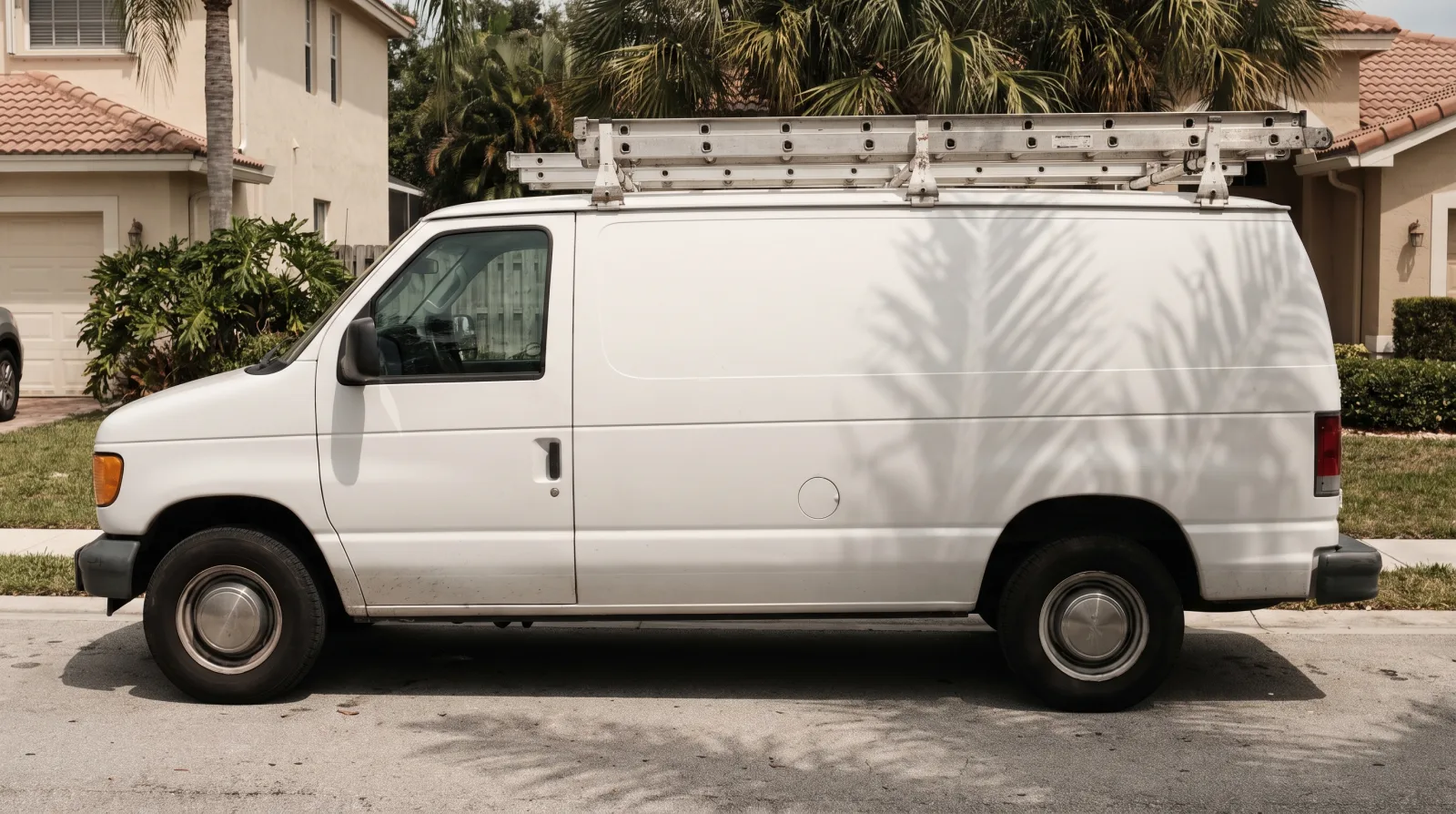 A work van with ladder racks parked on a quiet suburban Florida street