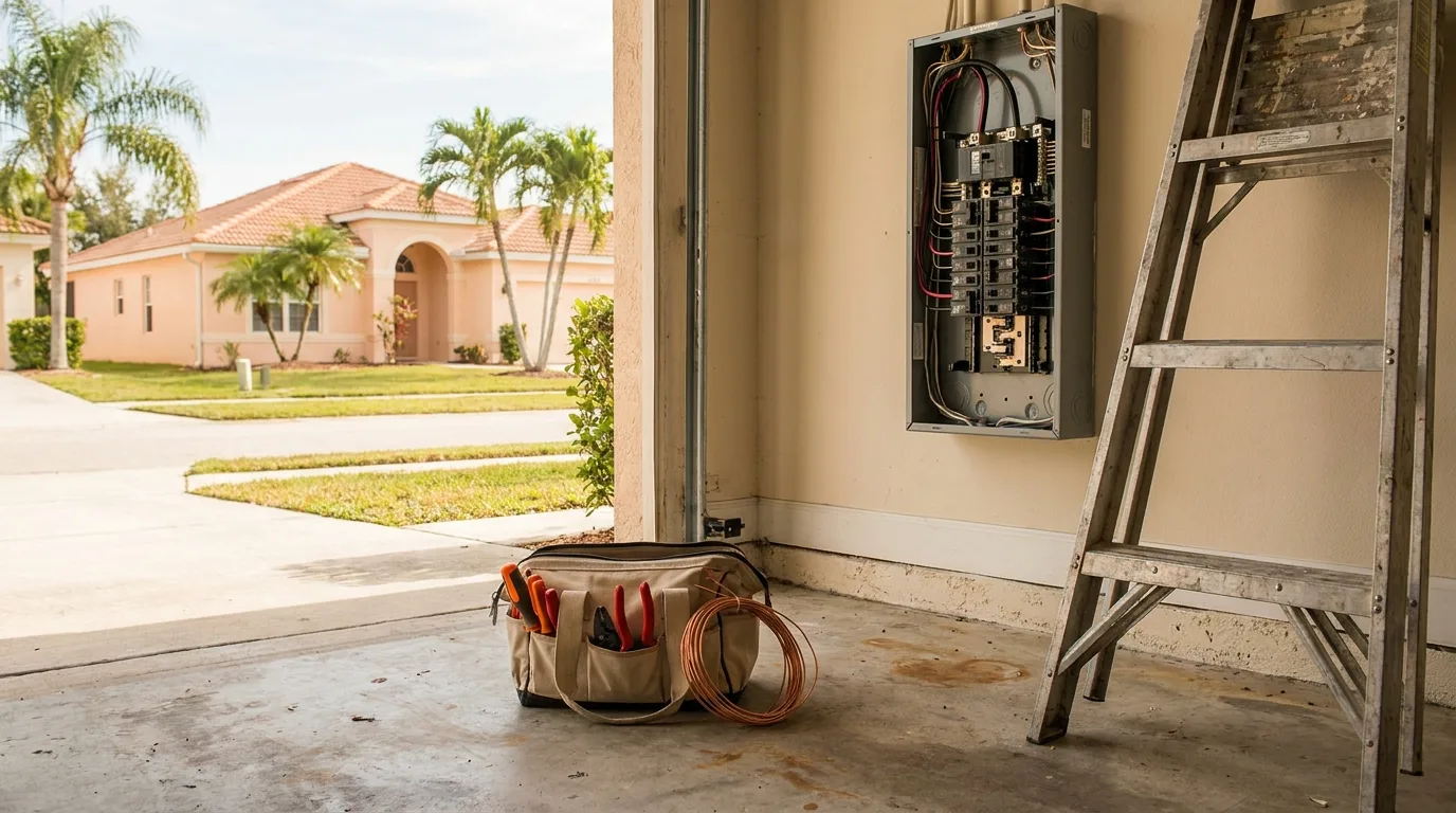 An open residential breaker panel on a Florida garage wall with a canvas tool bag, copper wire and a step ladder below, and a pastel house with a barrel tile roof across the street
