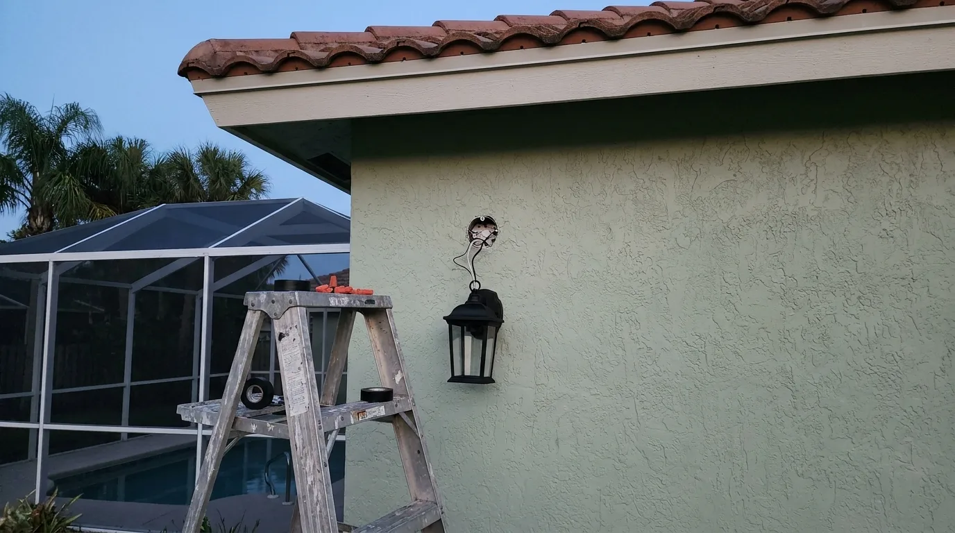 A new black wall lantern hanging by its wires from an open junction box on a green stucco Florida home at dusk, a step ladder and screened pool enclosure beside it