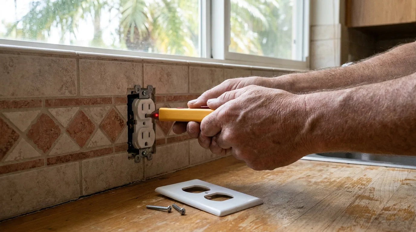 An electrician's bare hands holding a yellow voltage tester to a kitchen outlet with its cover plate off on the counter, palm trees blurred through the window