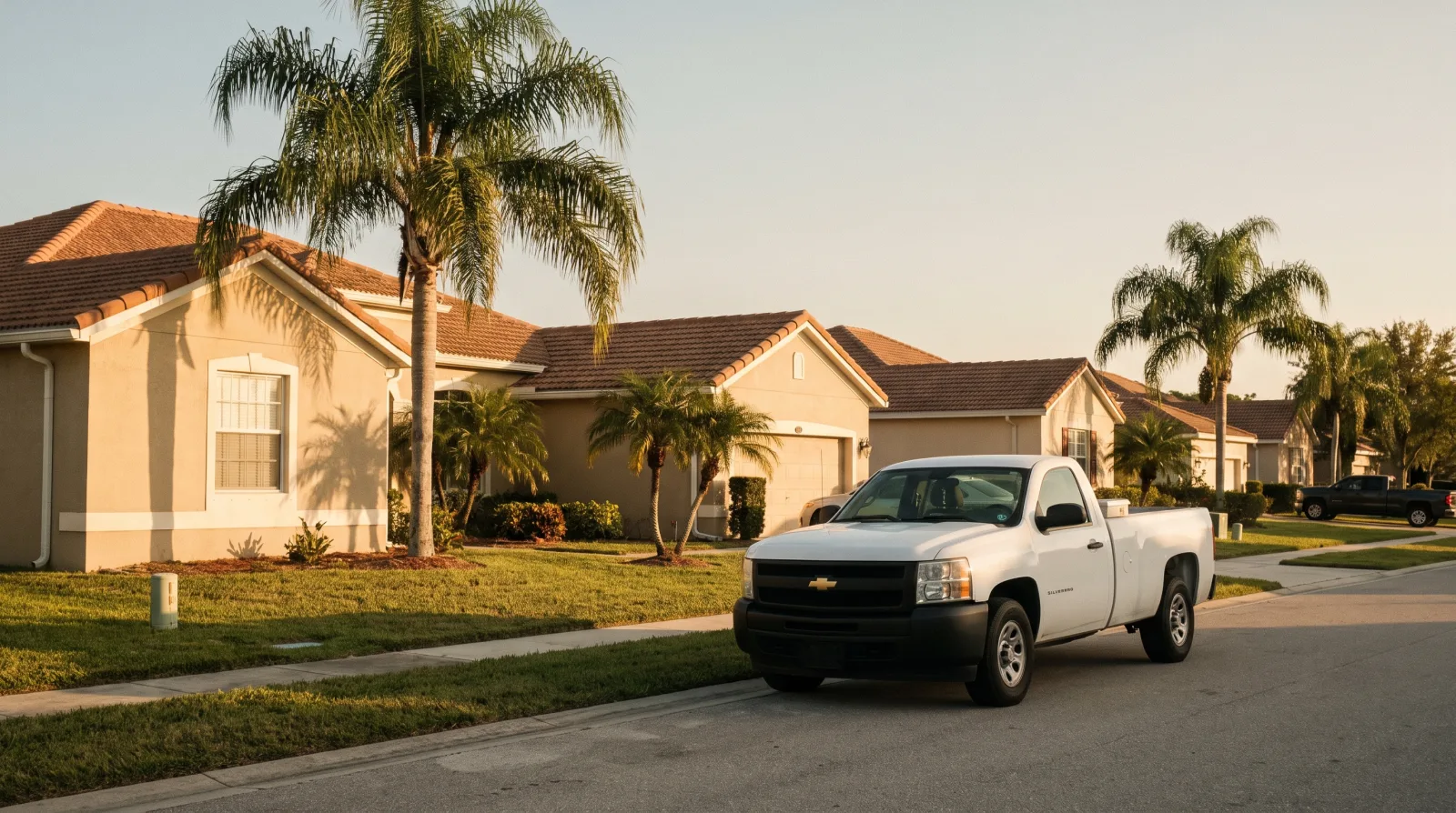 A suburban Florida street at golden hour with a work truck parked at the curb