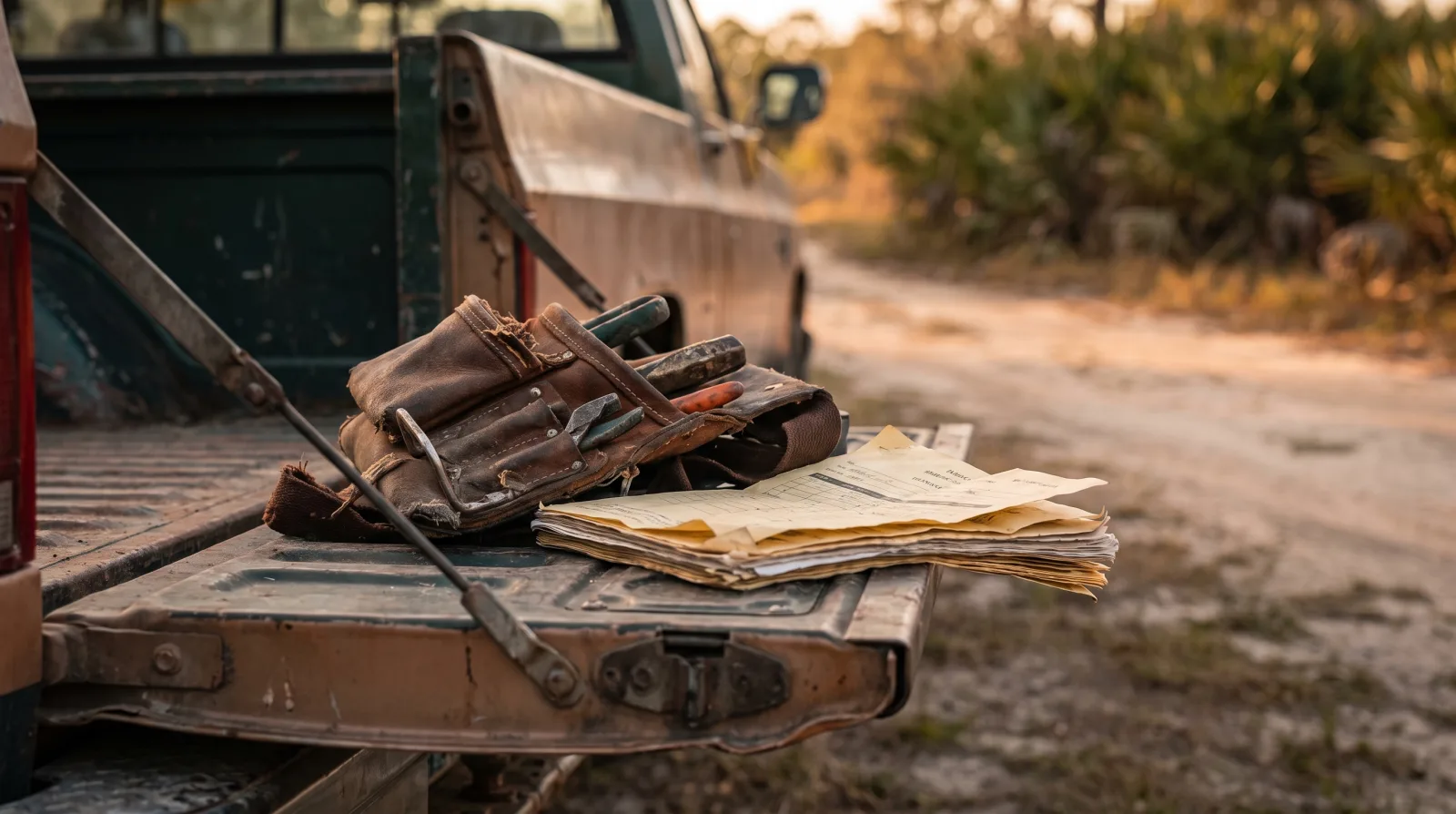 A worn tool belt and paperwork on the open tailgate of a pickup truck