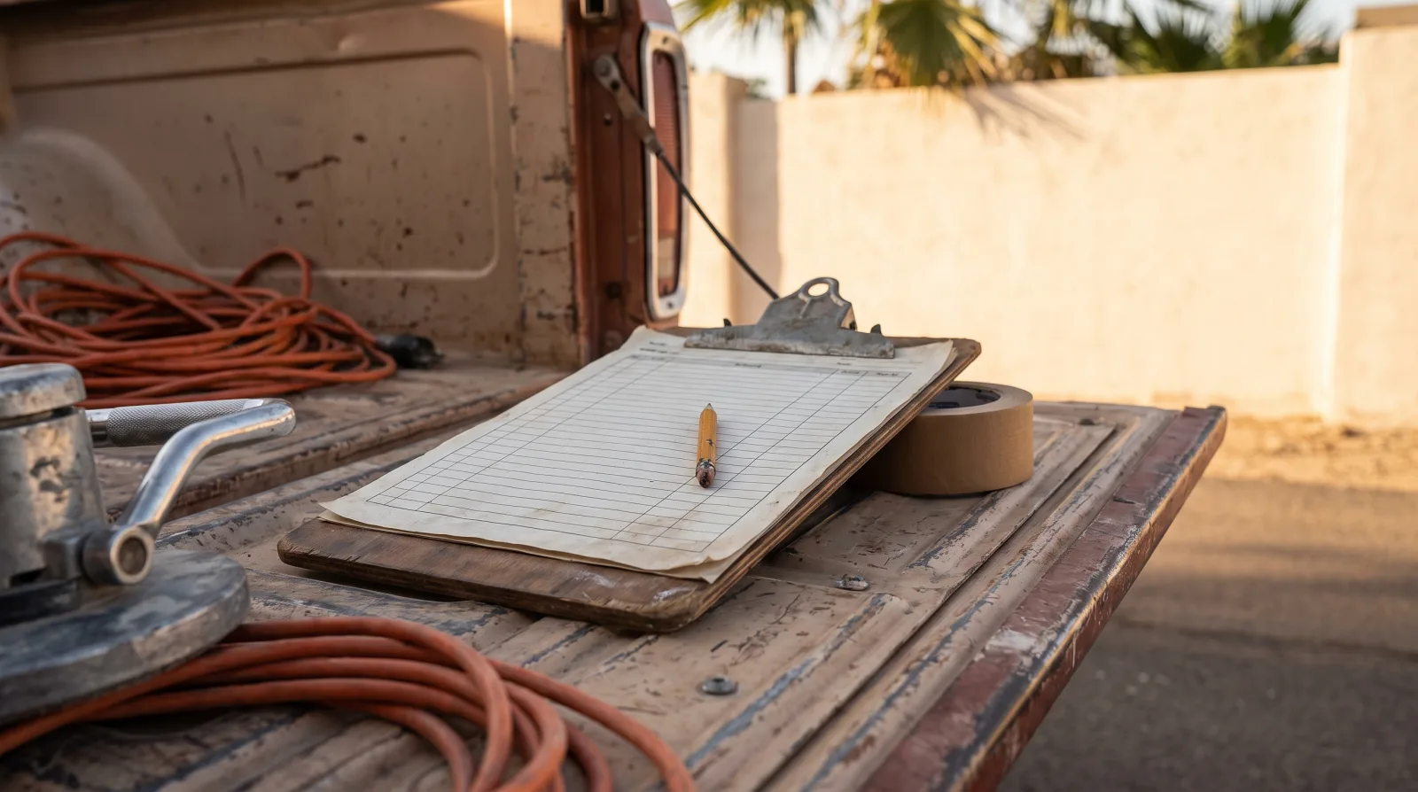 A worn clipboard with a blank checklist form, a stub pencil and a roll of masking tape on the tailgate of a dusty work truck, next to a coiled extension cord and a floor grinder