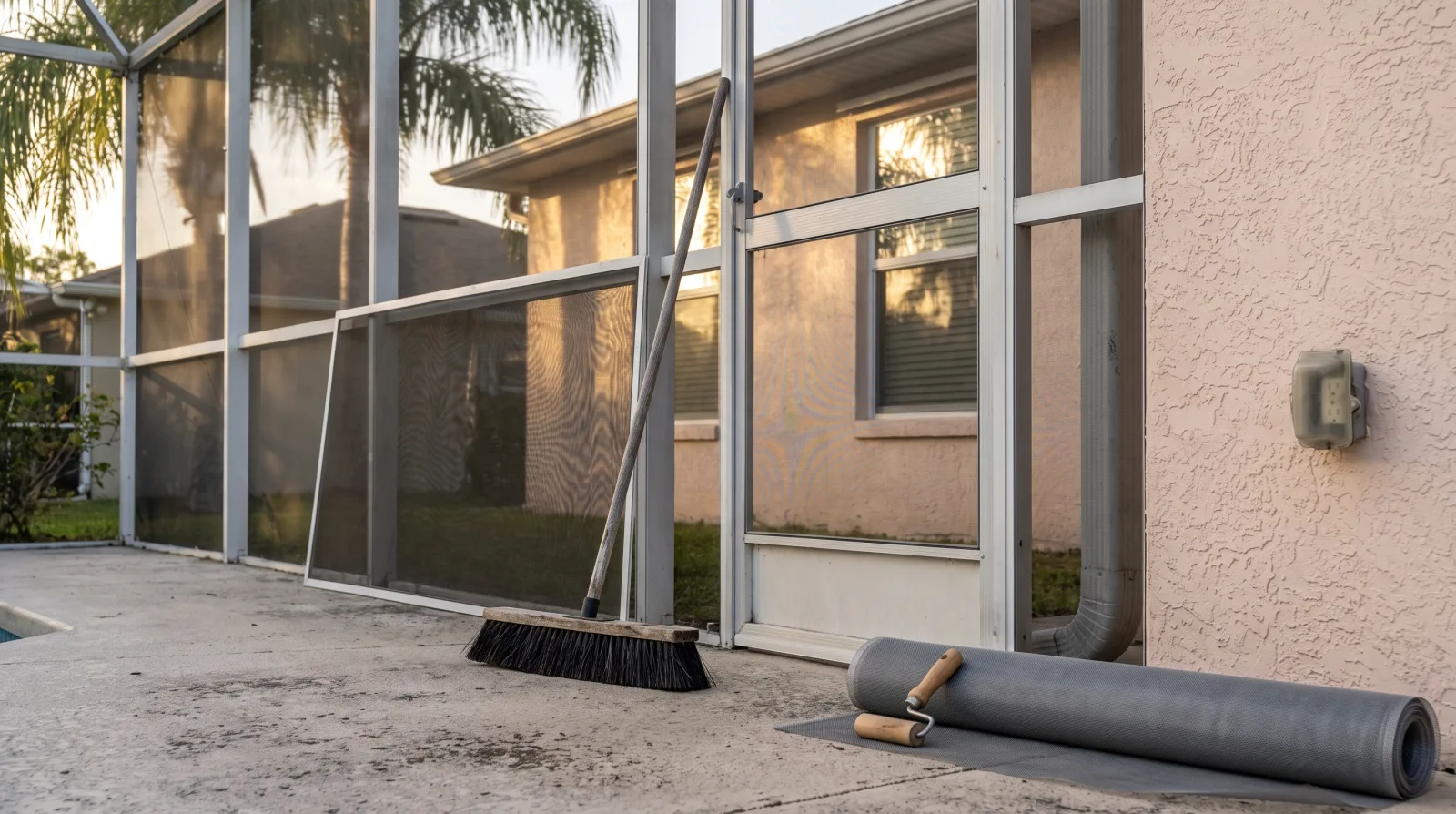 A push broom leaning against the aluminum frame of a partly rescreened pool enclosure, with a roll of screen mesh and a spline roller on the patio deck