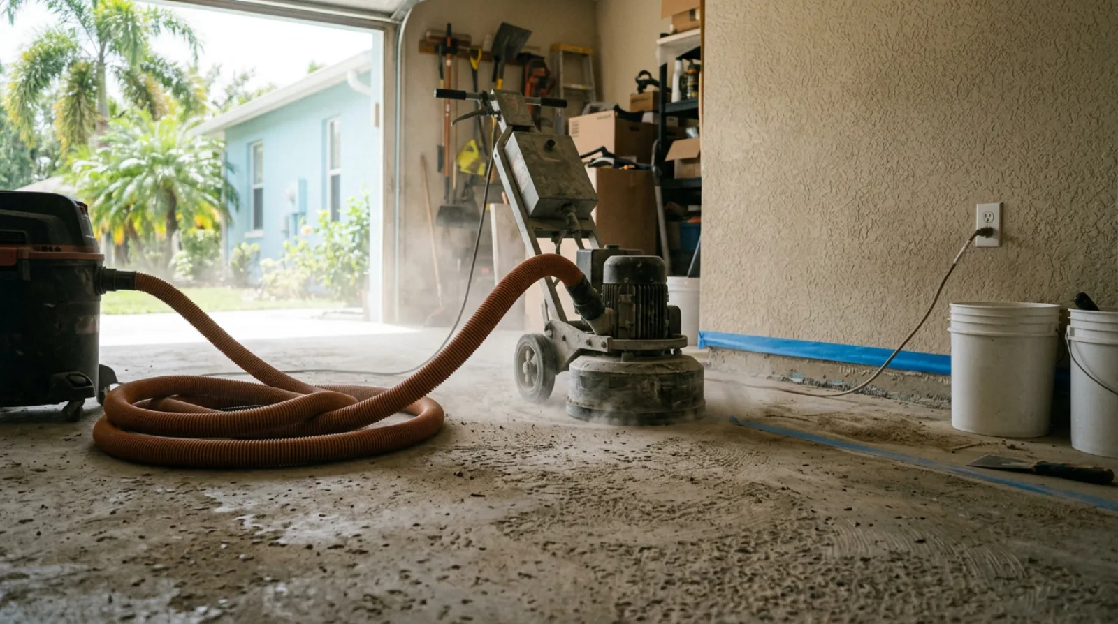 A walk-behind concrete grinder and coiled dust extraction hose partway through grinding a Florida garage floor, plain white buckets and blue tape along the taped-off edge, dust hanging in daylight from the open garage door