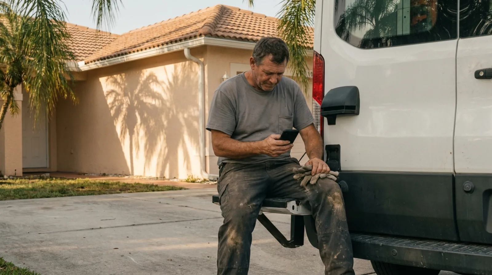 A contractor sitting on the rear step of a white work van in a Florida driveway, checking a phone with work gloves in one hand, palm shadows across the pastel stucco house behind him