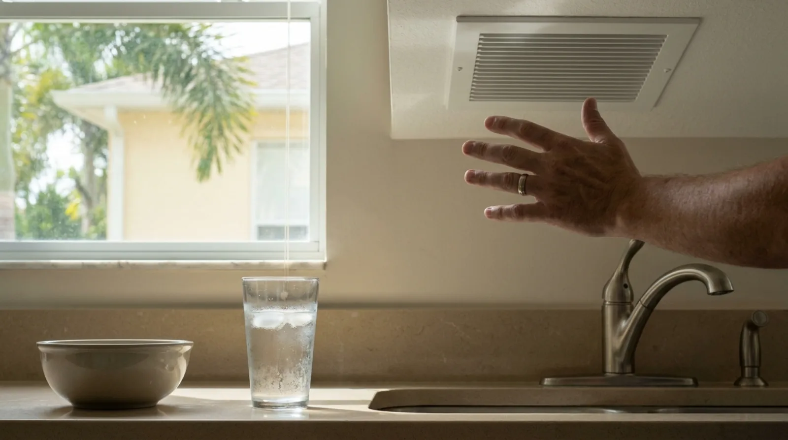 A homeowner's hand held beneath a white ceiling vent in a sunlit Florida kitchen, with a glass of ice water on the counter and palm trees outside the window