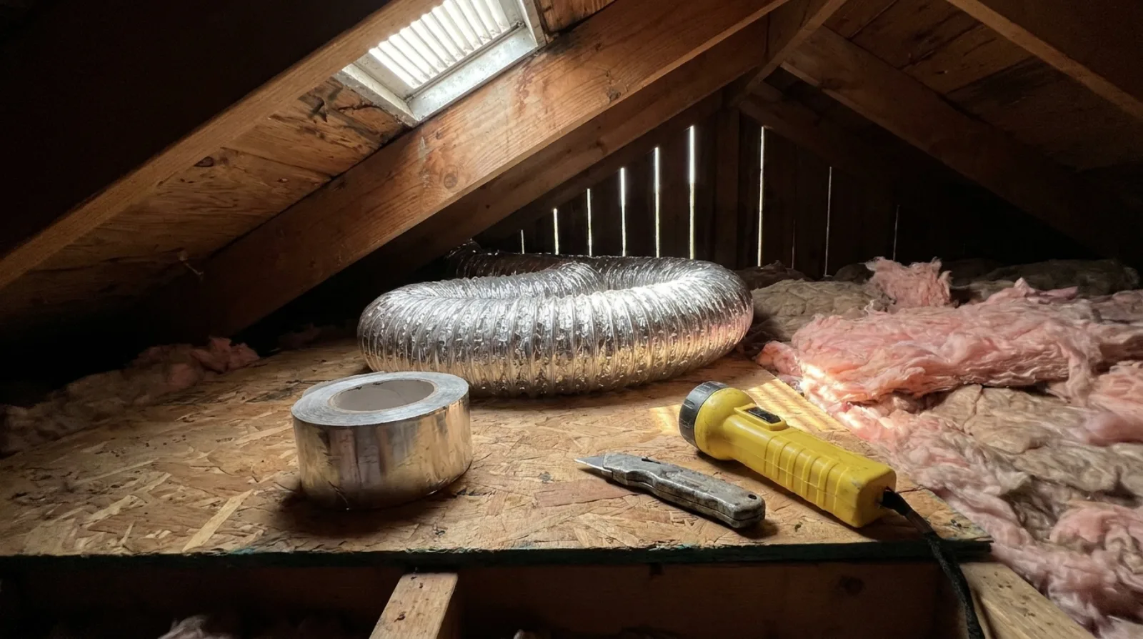 A coil of silver flexible duct, a roll of foil tape, a utility knife and a yellow flashlight on plywood decking in a Florida attic, with light coming through a roof vent