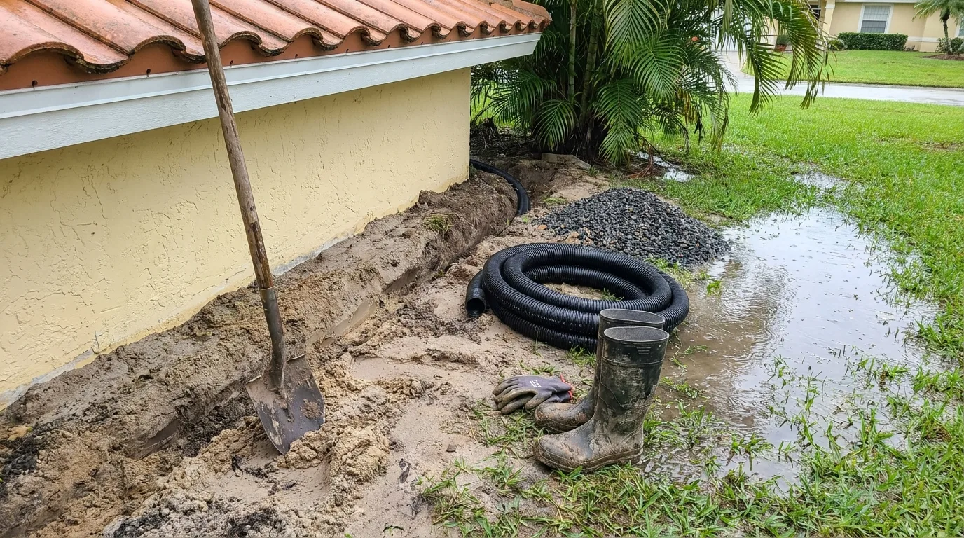 A shallow drainage trench dug along a yellow stucco Florida house, with coiled black drain pipe, gravel, a shovel and muddy boots beside a rain puddle