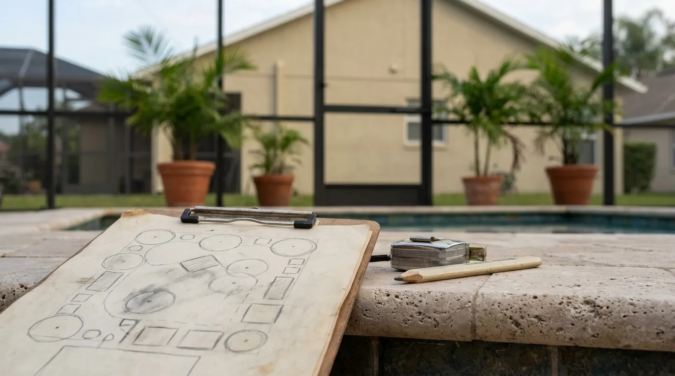 A clipboard with a hand-drawn backyard planting layout, a tape measure and a pencil on a travertine pool deck inside a screened Florida pool enclosure