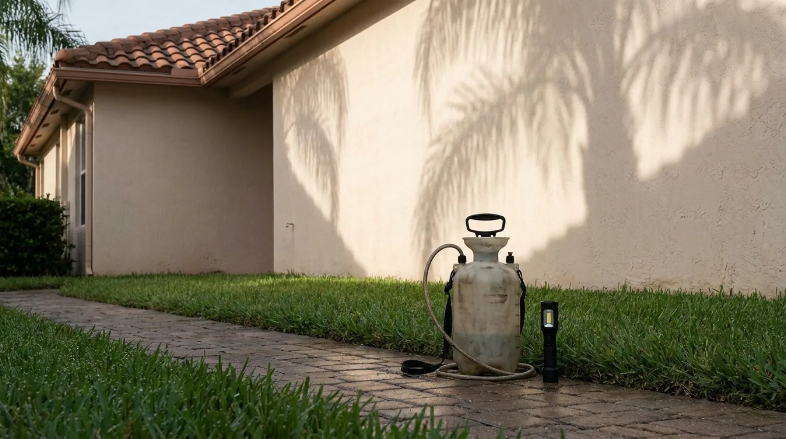 A dirty pump sprayer and a black inspection flashlight resting on a paver walkway beside the peach stucco wall of a single-story Florida home, with a terracotta barrel tile roof and palm frond shadows across the wall in early morning light.
