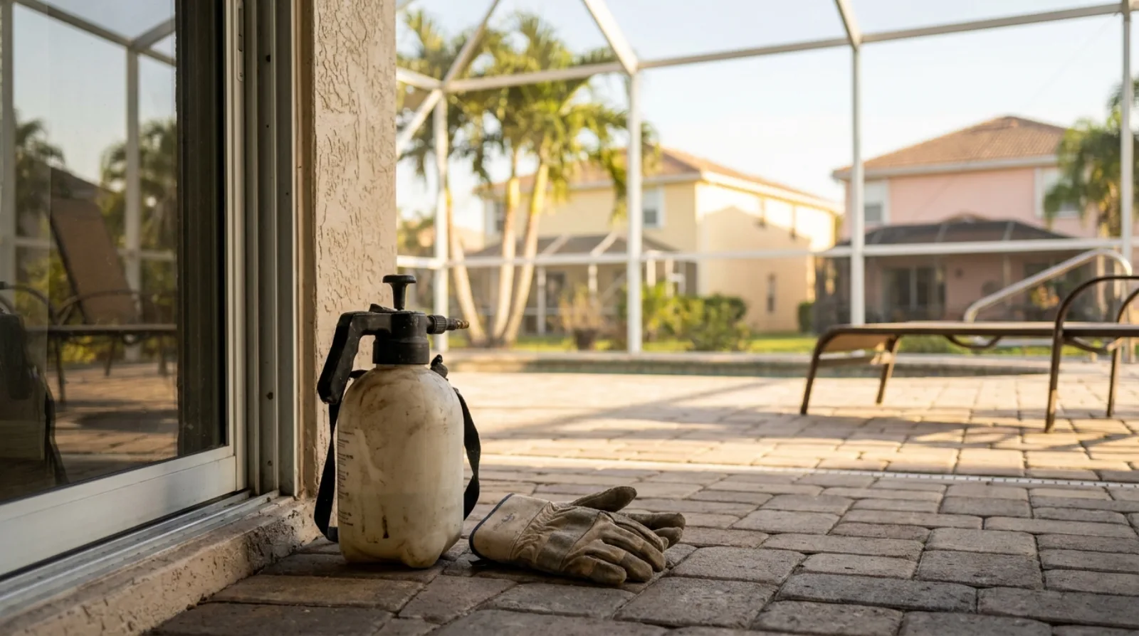 A handheld pump sprayer and worn work gloves set down on the pavers beside a sliding glass door inside a Florida pool screen enclosure, with palms and pastel stucco houses beyond the screen in late afternoon sun.