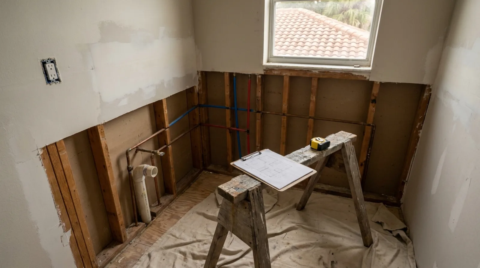 A bathroom opened to the studs showing copper and PEX supply lines, with a clipboard floor sketch and tape measure on a sawhorse