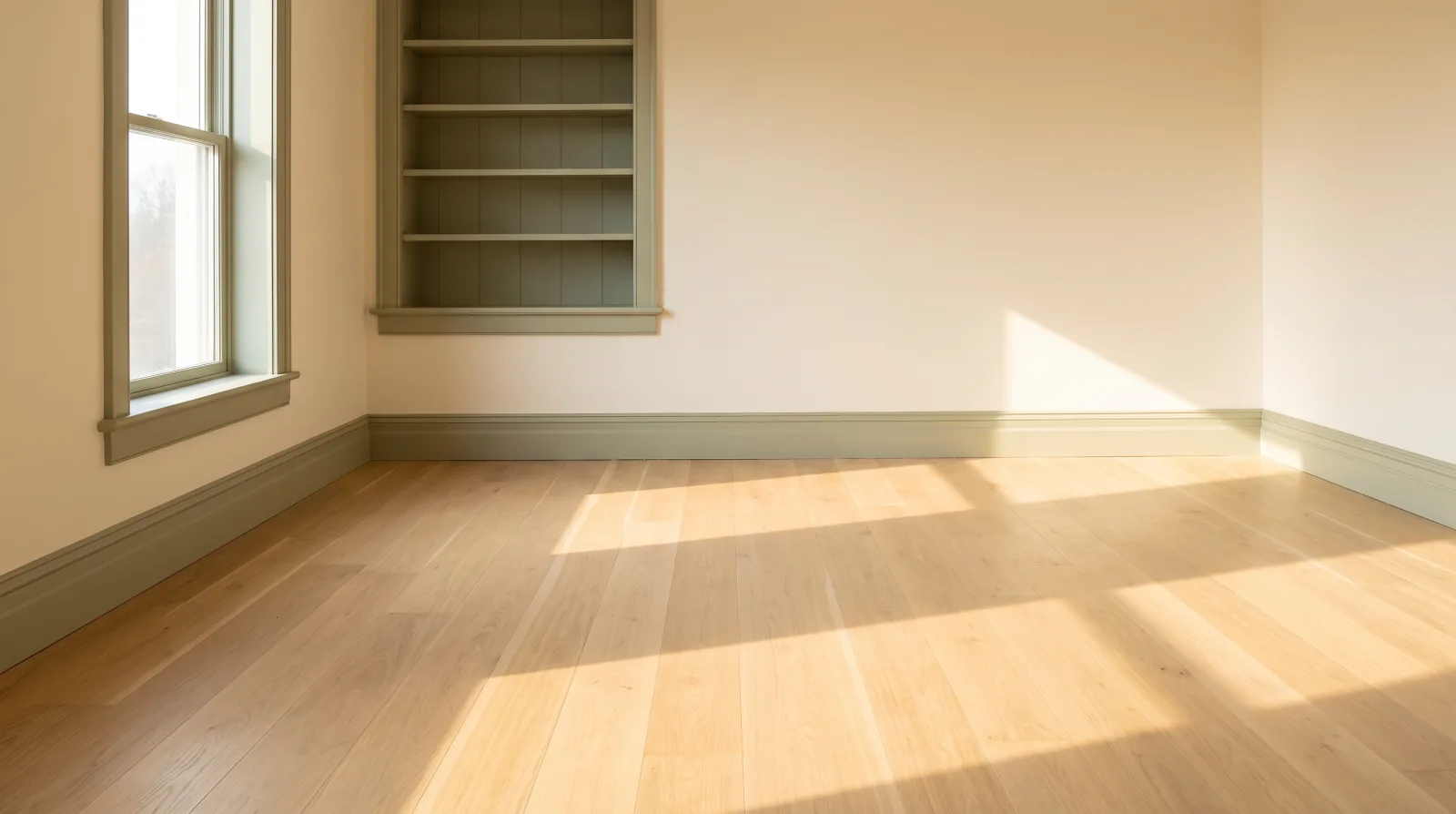 An empty finished interior room with afternoon light across a clean floor