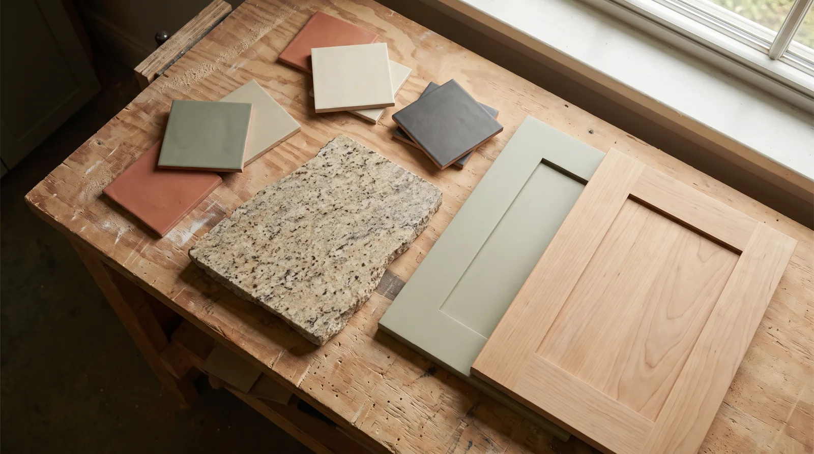 Tile samples, a stone countertop offcut and two cabinet door fronts laid out on a plywood work surface